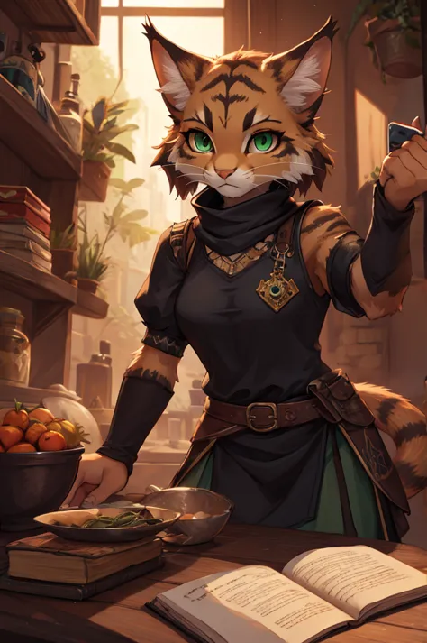 Auburn colored tabaxi female with dark green eyes wearing dark thieves clothes.