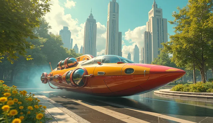 a peculiar chromatic retro-futuristic science-fiction vehicle from the 1960s with several rotating spheres, rolling through a utopian park.  high-quality lens , Hollywood production. 