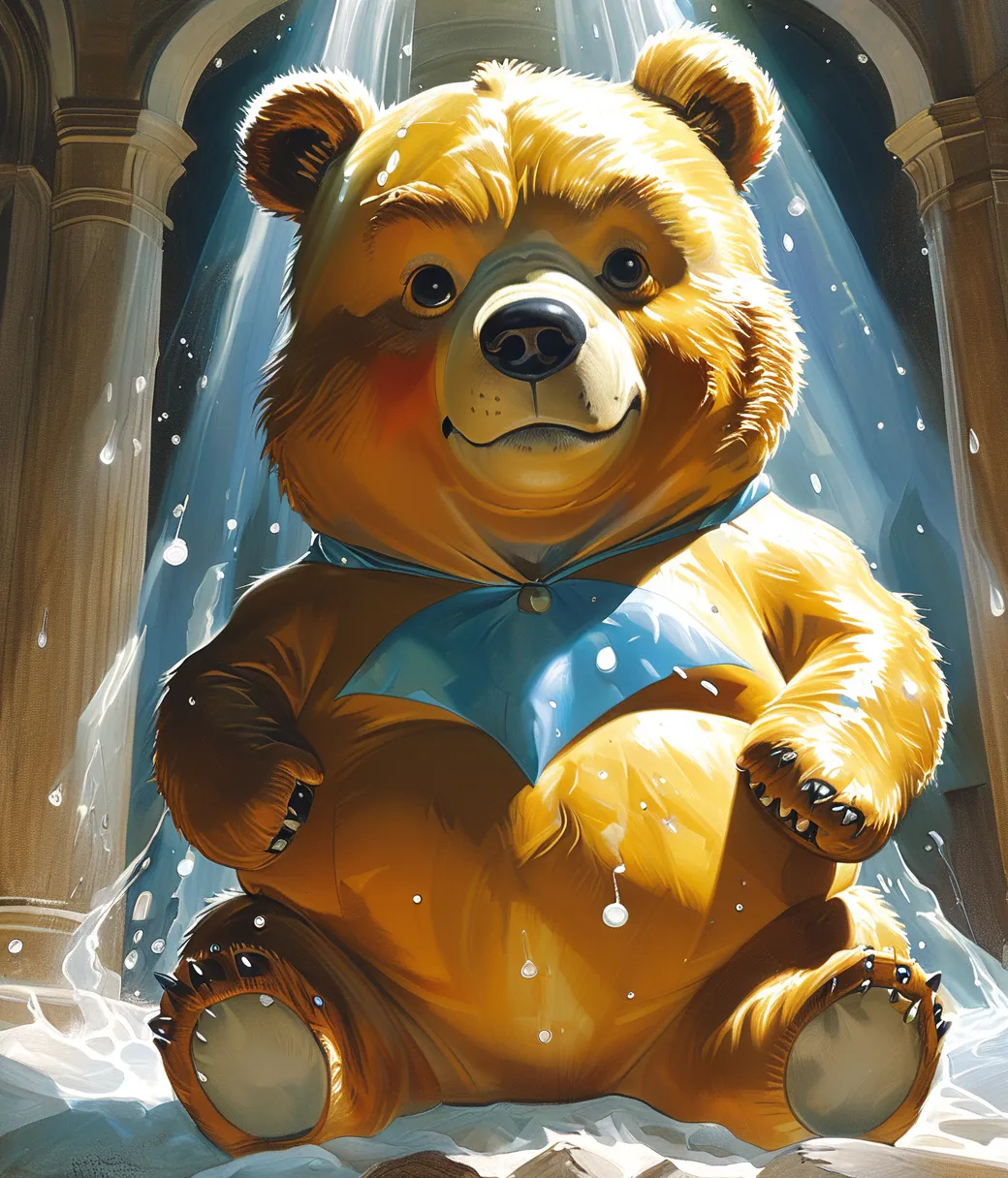 style of Alex Ross, (cute, chubby, male, bear), adorable, magical, fantasy, hires textures, highly detailed, intricate details, best quality, masterpiece, zPDXL3