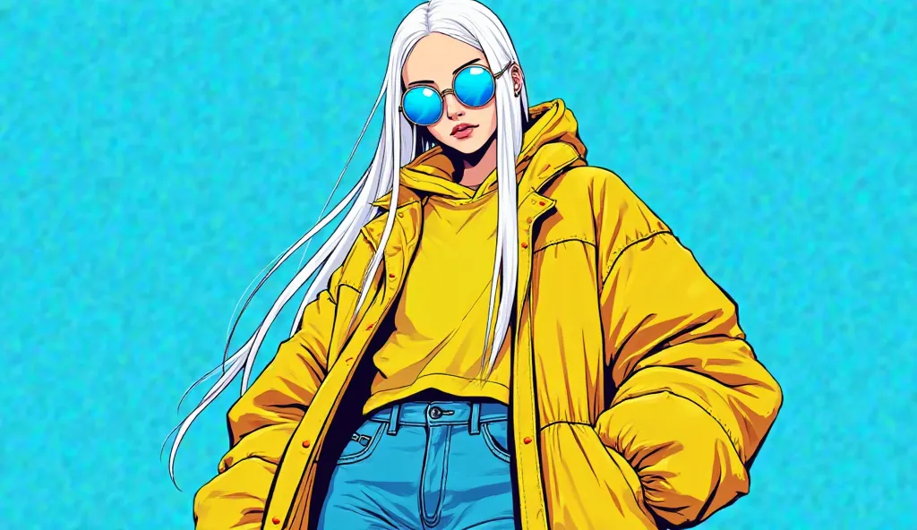 "A stylish anime-style woman with long, sleek white hair, wearing round blue sunglasses and a vibrant oversized yellow jacket, paired with an oversized hoodie for a casual yet fashionable vibe. The background is a solid bold blue color, creating a striking...