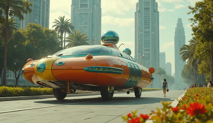 a peculiar chromatic retro-futuristic science-fiction vehicle from the 1960s with several rotating spheres, rolling through a utopian park.  high-quality lens , Hollywood production. 