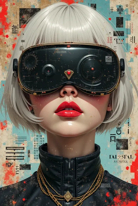 close-up of a person with short white hair the face of all a girl needs is love and affection, she lis within a digital collage depicting a her face wearing VR glasses, comprised of various elements such as screen fragments, old film rolls, and vintage pos...