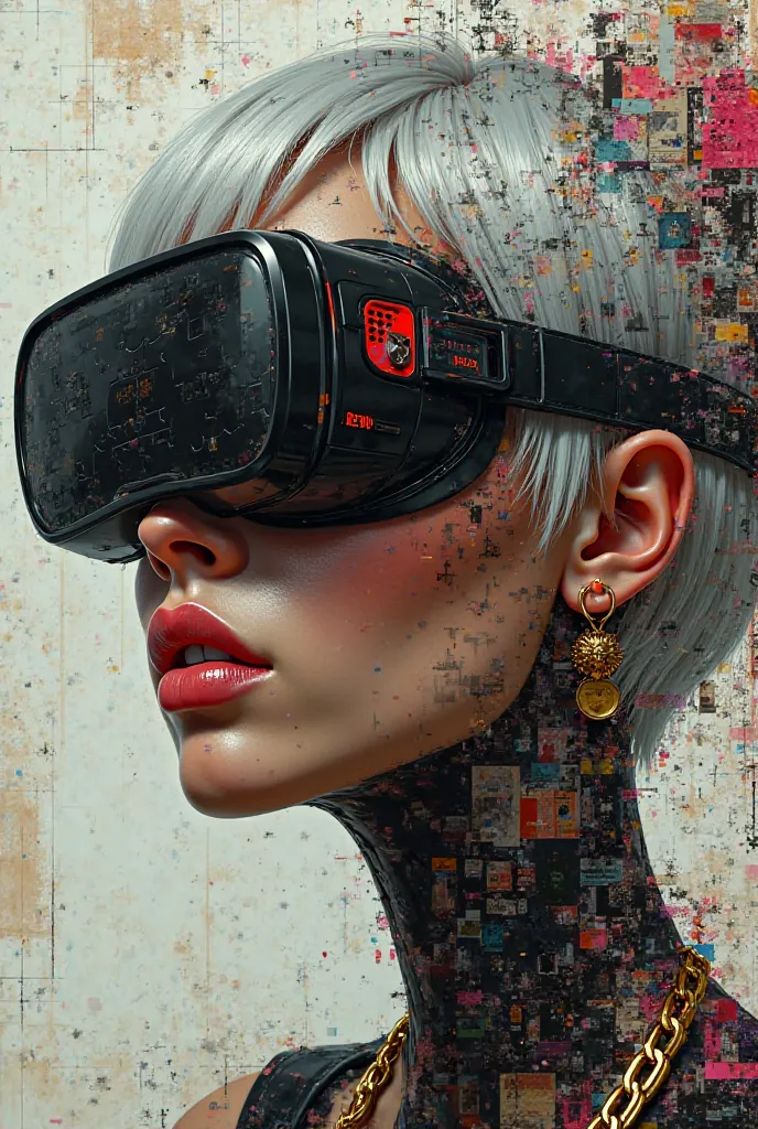 close-up of a person with short white hair the face of all a girl needs is love and affection, she lis within a digital collage depicting a her face wearing VR glasses, comprised of various elements such as screen fragments, old film rolls, and vintage pos...