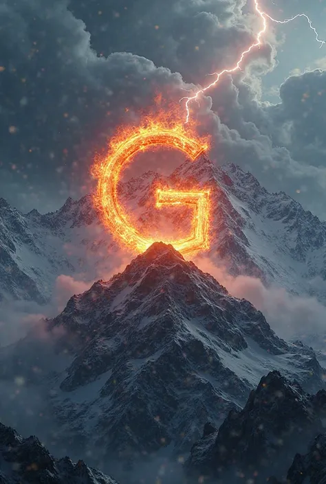 The G5 logo on fire surrounded by clouds at the top of a mountain and thunders