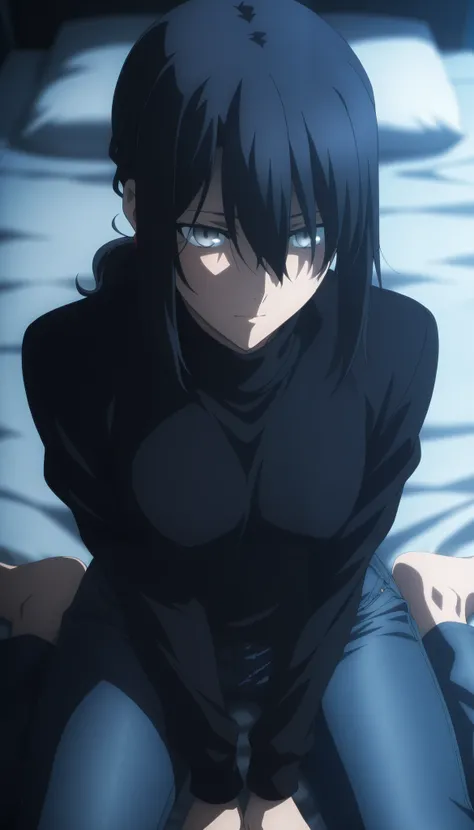 masterpiece, best quality, amazing quality, highres, absurdres, very aesthetic, high resolution, ultra detailed, perfect details, midnight, , upper body, indoors, ufotable style, ((blue hour)), (from above),
1girl, solo, ufotable style, anime style, (...
