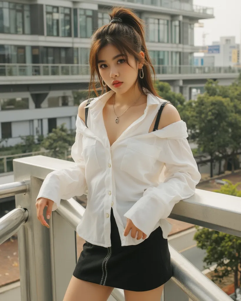 A stylish and attractive Malaysian Malay woman, aged 20-27, with a confident influencer persona. She has a slim yet curvy physique with a 36C firm chest and a natural sun-kissed tan (about 10%). Her outfit is not too revealing but still tastefully fashiona...