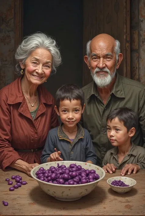 Steamed purple yam in a table and an old mother and father and only two  siblings a boy and a girl are eating it make it poor Simple background, 