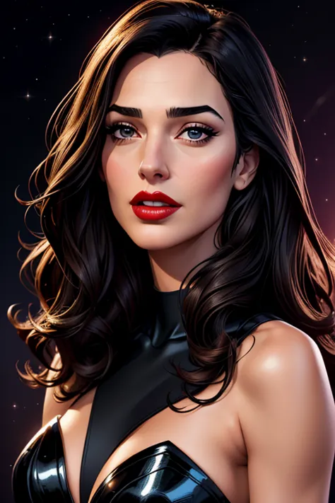 A waist-up portrait of a beautiful female whose facial features are a combo of Nigella Lawson + Gal Gadot. The female's hair is untied and hangs loose. The female wears a sparkly black evening dress and black high-heeled shoes. The female has lovely makeup...