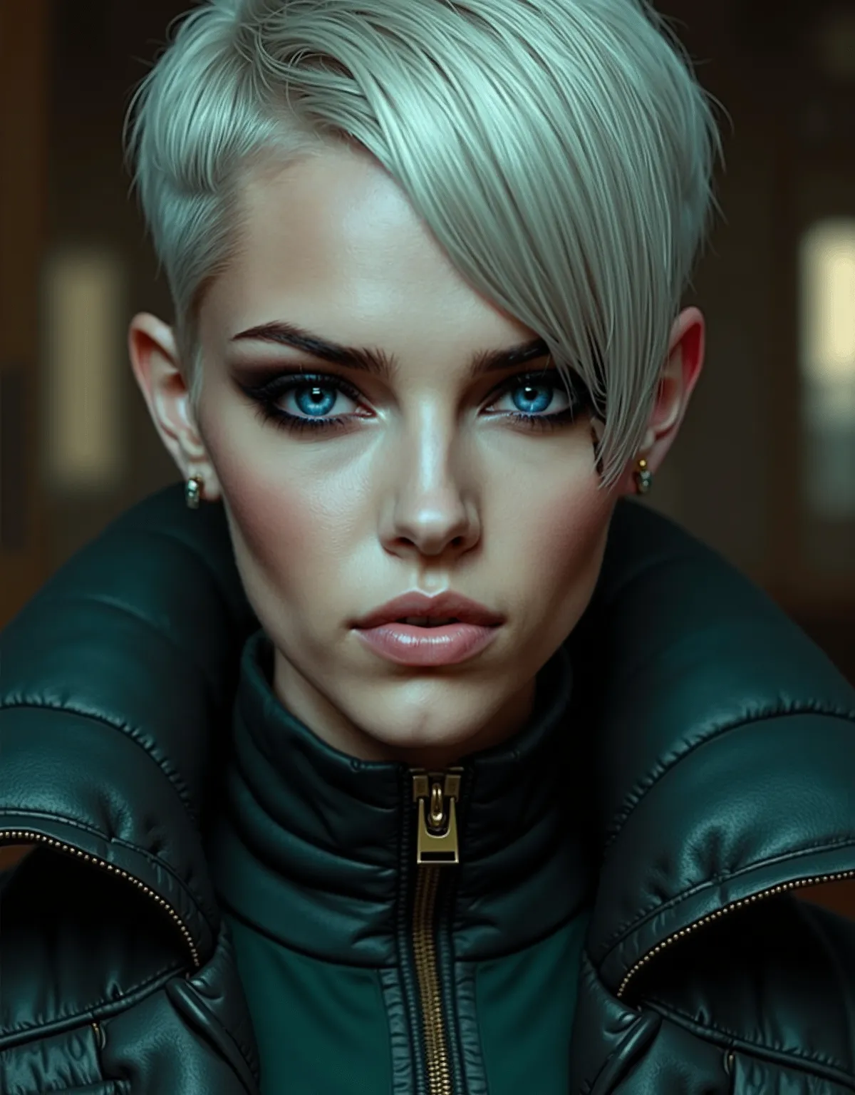 ((best quality: 1.5)) ((masterpiece: 0.8)), short silver hair, intricate details, sharp focus, professional, real life, realistic representation of the face, dim volumetric lighting, dynamic pose, in the style of realistic and hyper detailed renderings BRE...