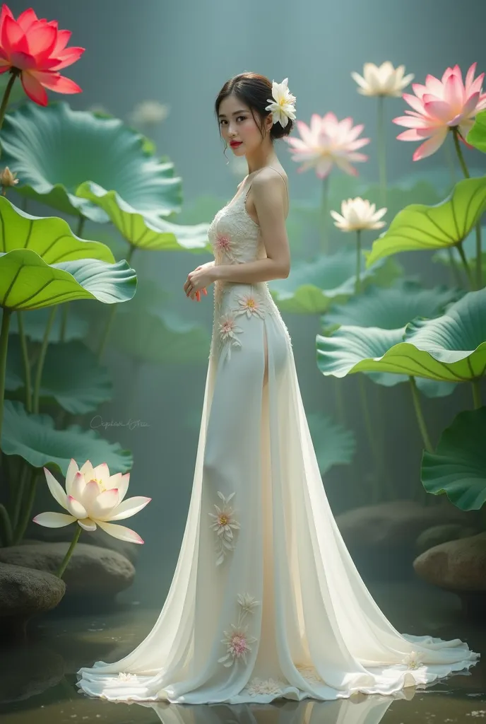 a woman in an elegant, flowing white gown adorned with floral designs. She is standing in a serene environment surrounded by large lotus flowers in various colors, including white and red, along with broad green leaves. The setting resembles a tranquil gar...