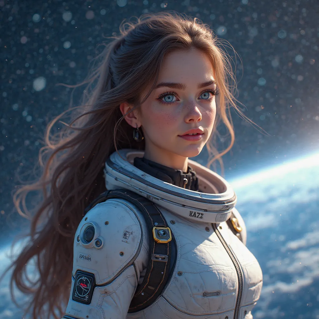 A pretty 17-year-old girl who wears a pretty space suit and has blue eyes and long brown hair 