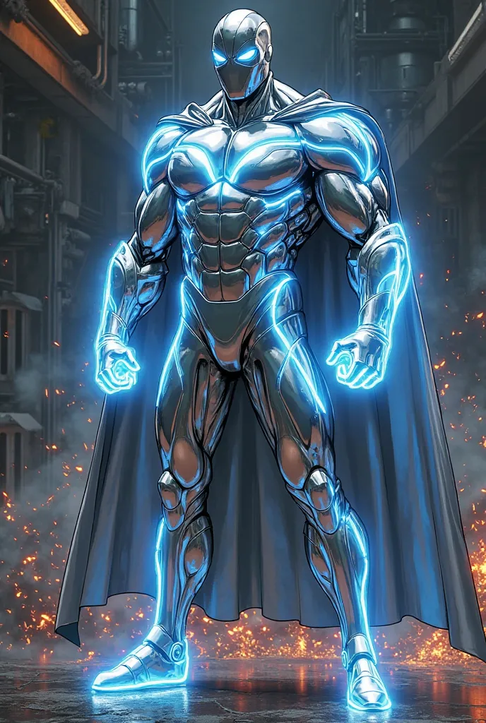 Create a dynamic comic-book style superhero named Metallic Dude. He wears a sleek, futuristic metallic silver suit with electric blue streaks running through it, symbolizing the free-moving electrons in metallic bonding. His gloves glow faintly, showing hi...