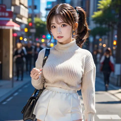 ((Short Twin Tails)),((hair fluttering in the wind)),1 girl, beautiful girl、Alone, Hi-Res, 最high quality, high quality, textured skin, Ultra High Precision,((beautiful big brown eyes)), ((red hair)),(( white high neck sweater )),((black miniskirt)),((black...