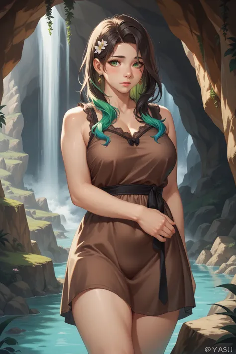 (solo), earth Genasi, Female, ((age 27, adult character)), (soft facial features), (Multicolor hair, early 20's), long Multicolor hair, Brown dress, Green Eyes, Curvy Body, Shy expression, portrait, cave background, looking forward, thigh up, character foc...