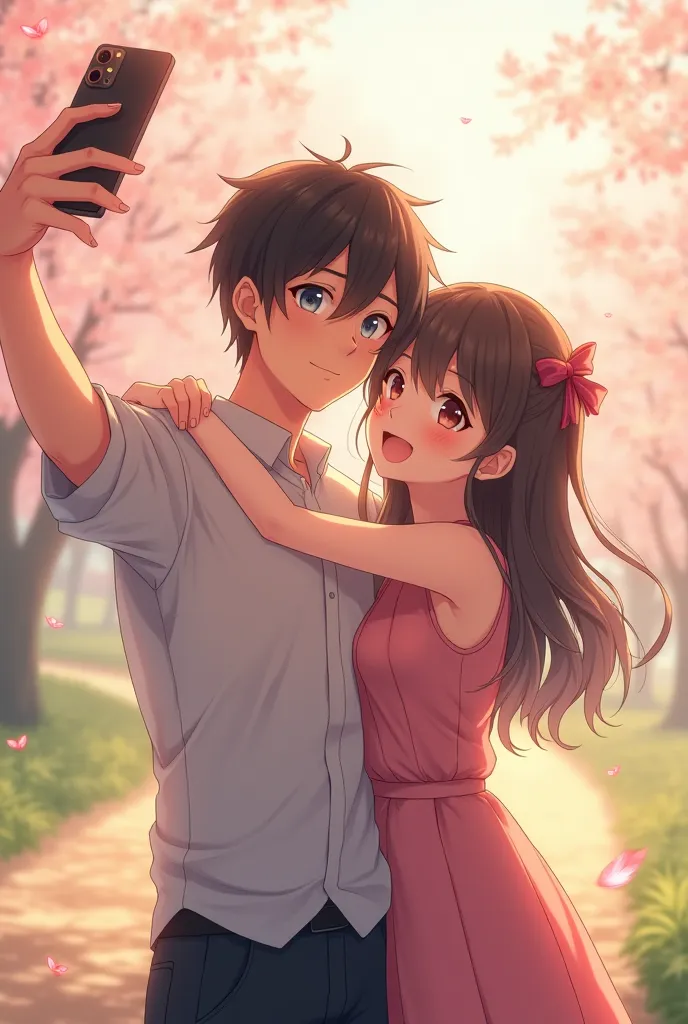 A man and a woman, the woman in the back of man and they took a selfie.. anime