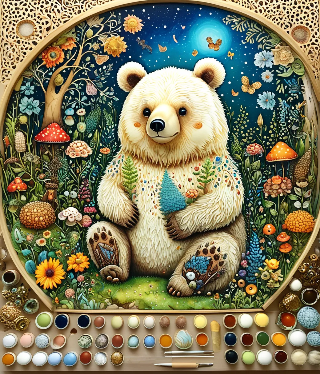 style of Johanna Basford, (cute, chubby, male, bear), adorable, magical, fantasy, hires textures, highly detailed, intricate details, best quality, masterpiece, zPDXL3