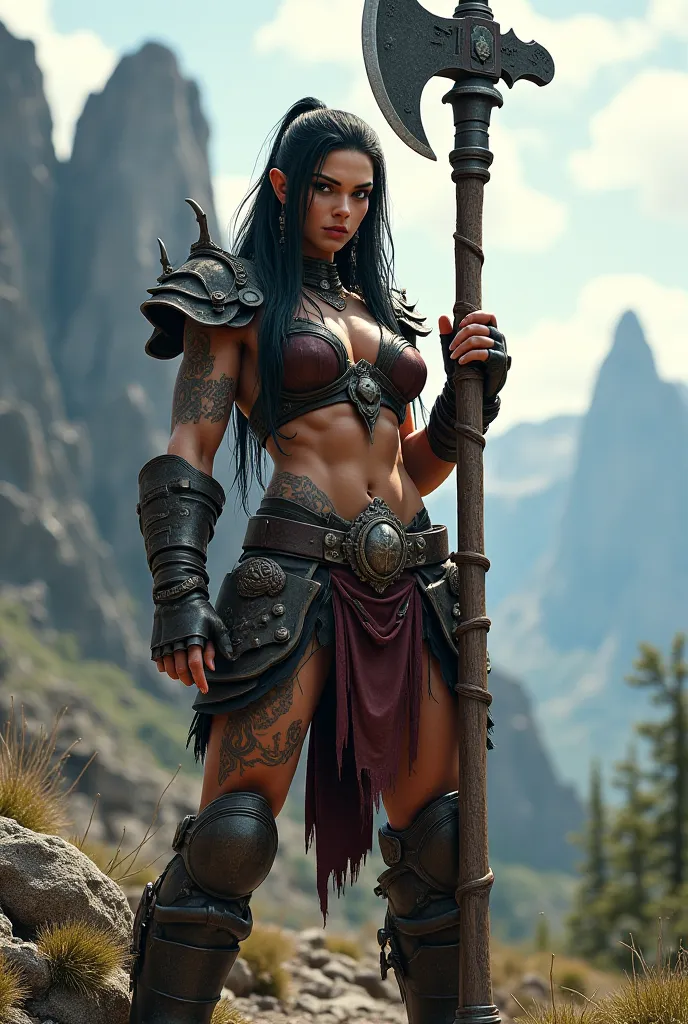 Orc woman with long braided black hair, and great axe