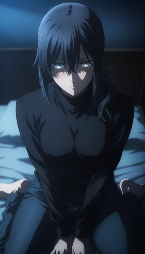 masterpiece, best quality, amazing quality, highres, absurdres, very aesthetic, high resolution, ultra detailed, perfect details, midnight, , upper body, indoors, ufotable style, ((blue hour)), (from above),
1girl, solo, ufotable style, anime style, (...