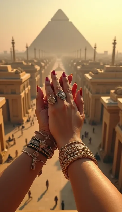 First-person female hands adorned with another. on a high floor , The front has a view of the luxurious buildings of ancient Egypt 