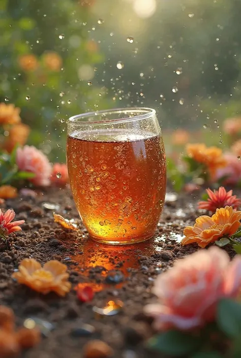 A glass of tea falls on the ground full of flowers 