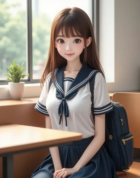 A  Korean schoolgirl, is sitting in the classroom with a cute expression, details:  Big Eyes , Soft Smile,  Dressing up, school bag, The view outside the window, Comfortable atmosphere,  warm lights, refinement, realistic on the hand, high resolution, HDR,...