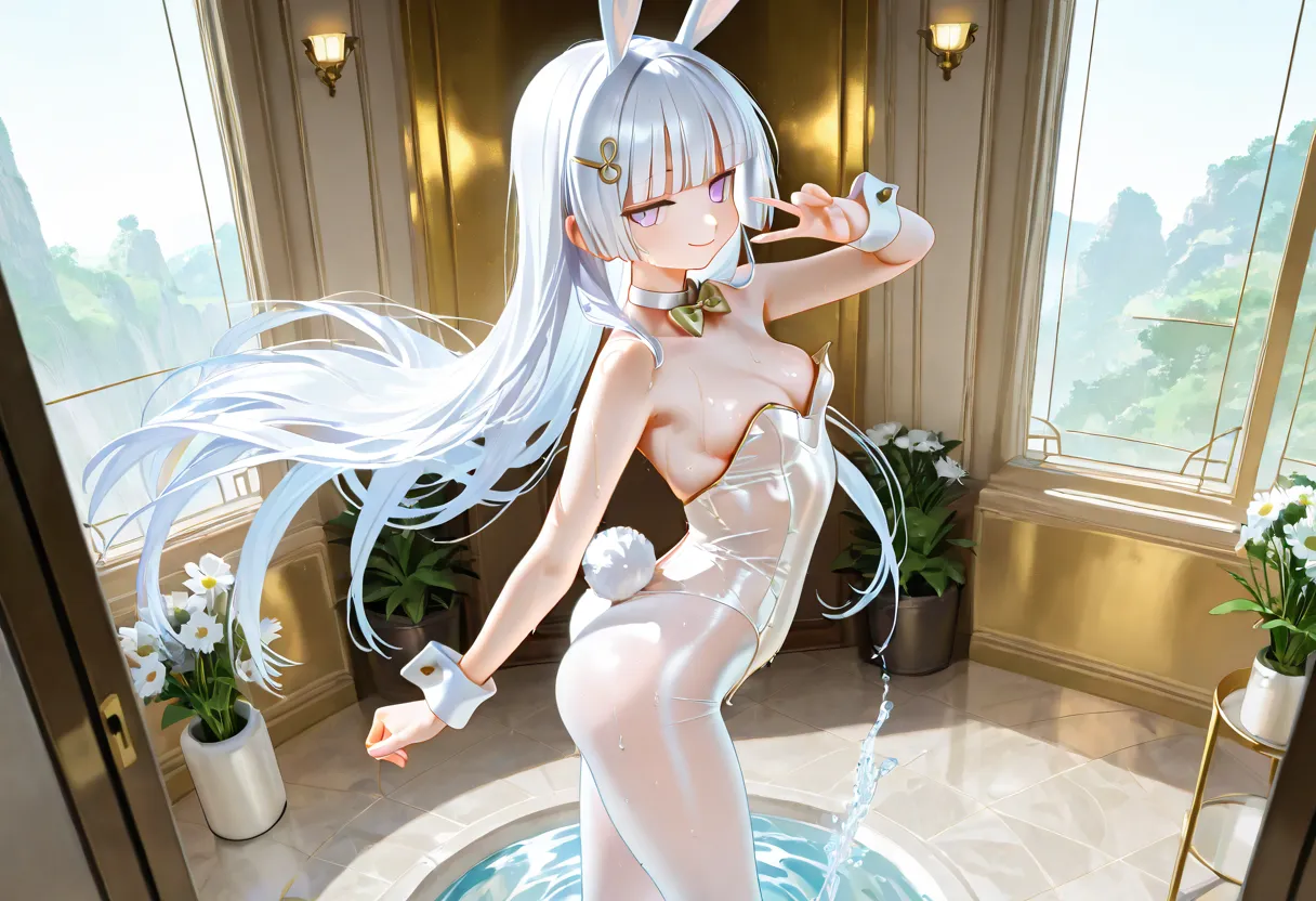 1girl, lavender eyes, jitome(0.5), clear white hair, very long straight Hair, blunt bangs, hime cut, rabbit tail, rabbit ears, meduim Breast, Clear glass reverse bunnygirl, flower pettern, Choker, pantyhose, slender body, tall girl, smile, peace sign, dyna...