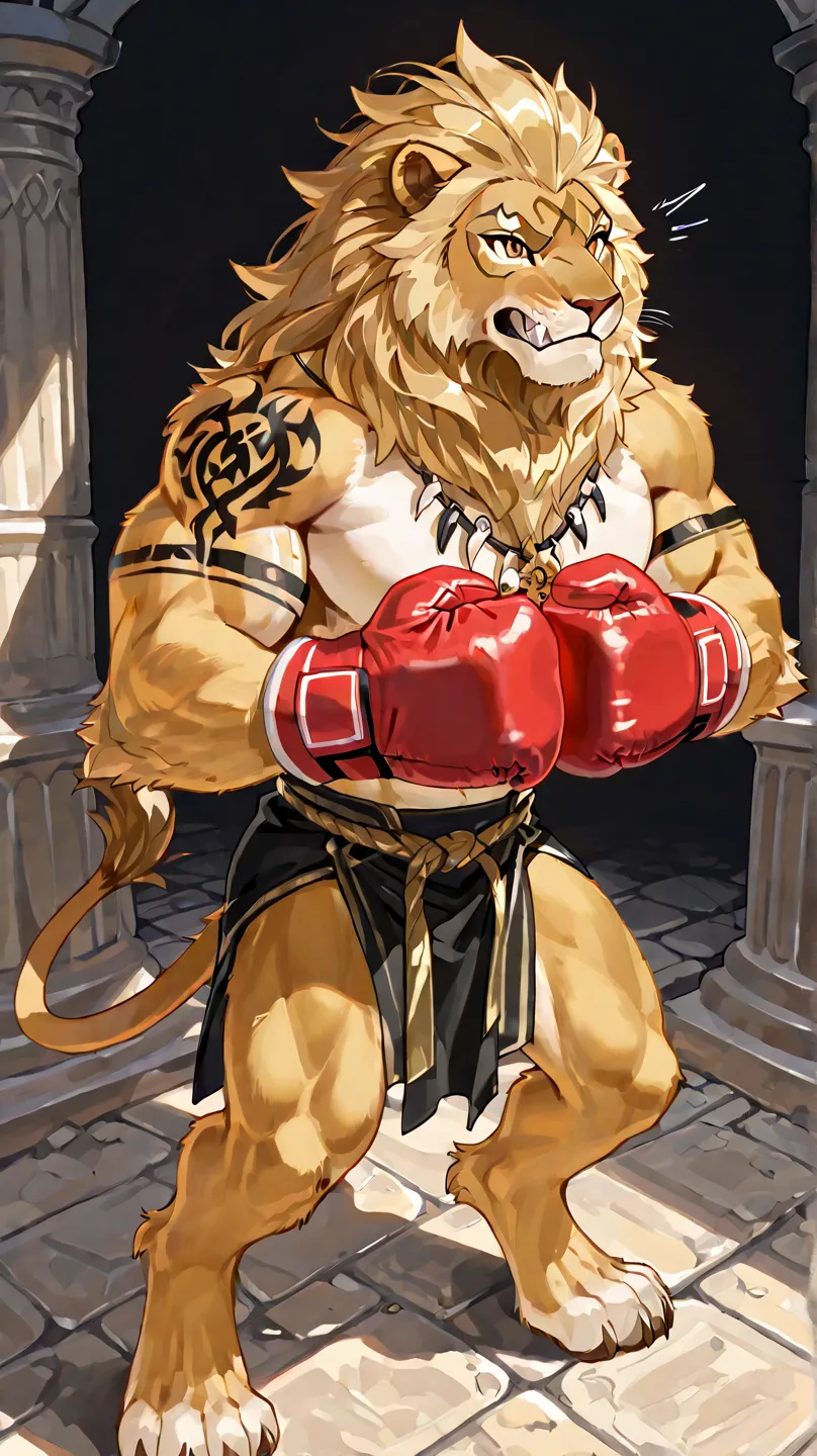 lion Dumma showing "tattoos". I use quotation marks because I guess fur can't be tattooed in a traditional way, wring borne boxing glove