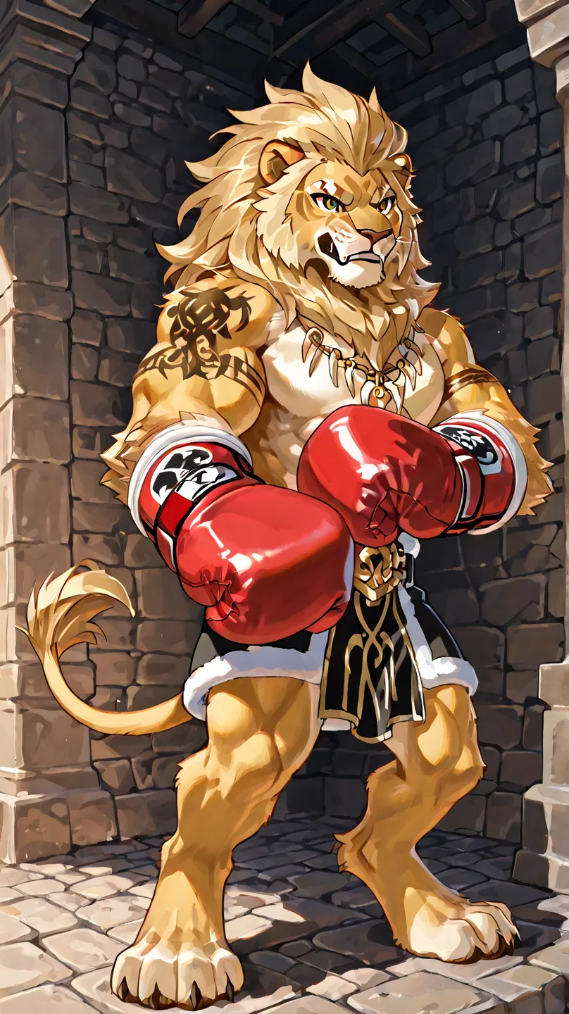 lion Dumma showing "tattoos". I use quotation marks because I guess fur can't be tattooed in a traditional way, wring borne boxing glove