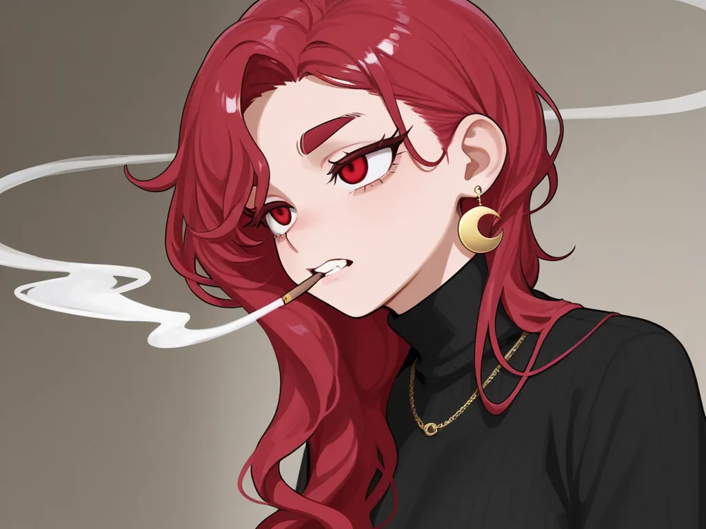 red hair
Blow it out
Wolfcut
long curtain hair
wavy hair
Middle
asymmetrical hair
Pull out your right ear

red eyes　
 gentle droopy eyes　
thick eyebrows
Lots of eyelashes

I'm wearing large golden crescent earrings on both ears
black turtleneck
Human
simpl...