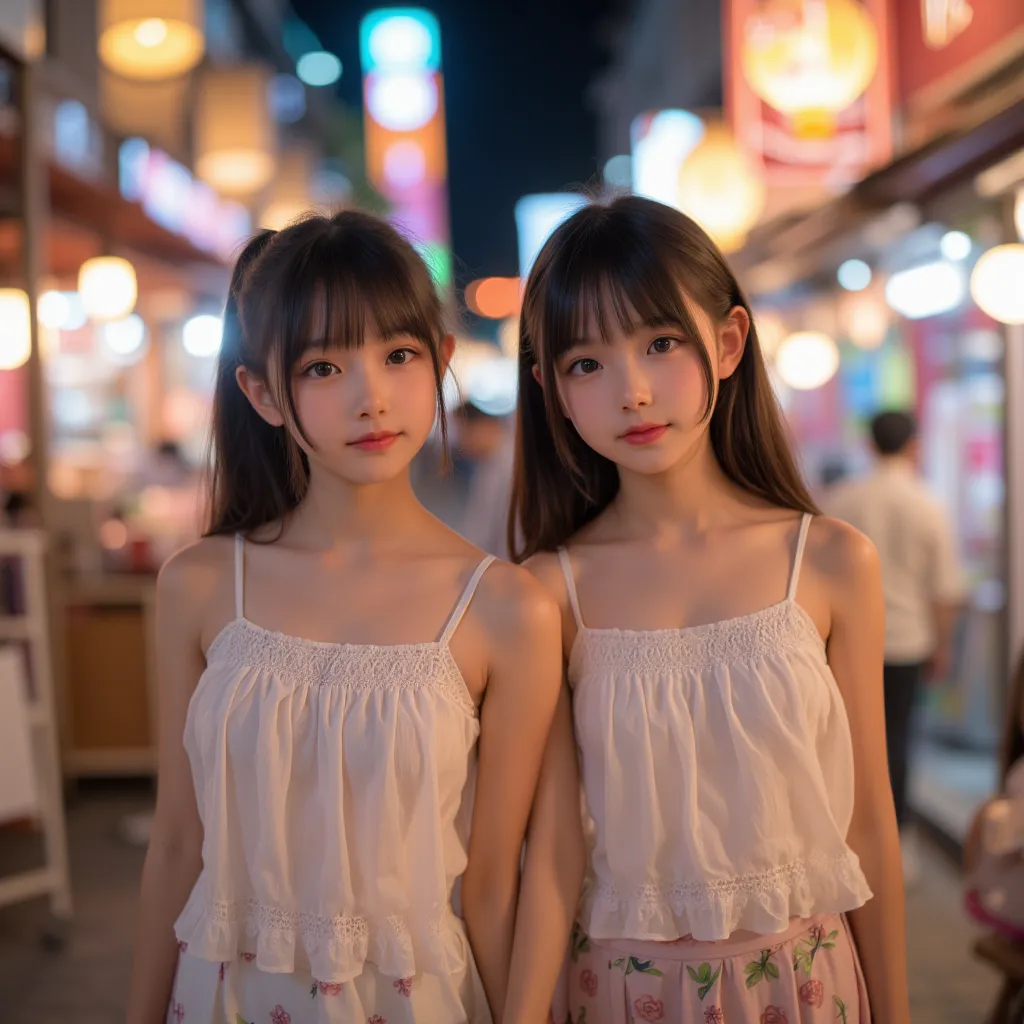 cuteloli,loli,hyper realistic,HD,best quality,(14-years-old),(openwork blouse spaghetti straps),looking at viewer,depth of field,full_body_shot,from_above,Night Market,twins,walking,