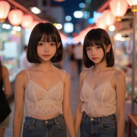 cuteloli,loli,hyper realistic,HD,best quality,(14-years-old),(openwork blouse spaghetti straps),looking at viewer,depth of field,full_body_shot,from_above,Night Market,twins,walking,