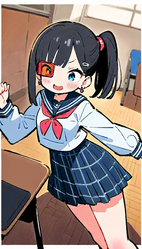 (beautiful girl : 1.3),1 girl,(sailor suit,plaid skirt,earrings,scouter), black hair,ponytail,smile, is embarrassing,blush,classroom, moving,Dynamic Angle,masterpiece,Highest quality,super high definition,Rich Contrast,high image quality,8k,High Definition...