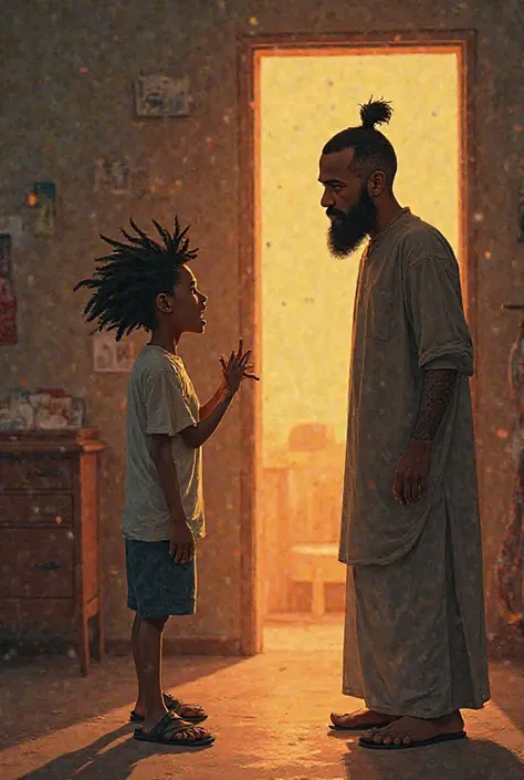 "A Somali boy whose father is refusing to let him play with his friends, while the boy is shouting at him. The boy has a small beard, is slim, and has long hair styled in a 3A haircut."

