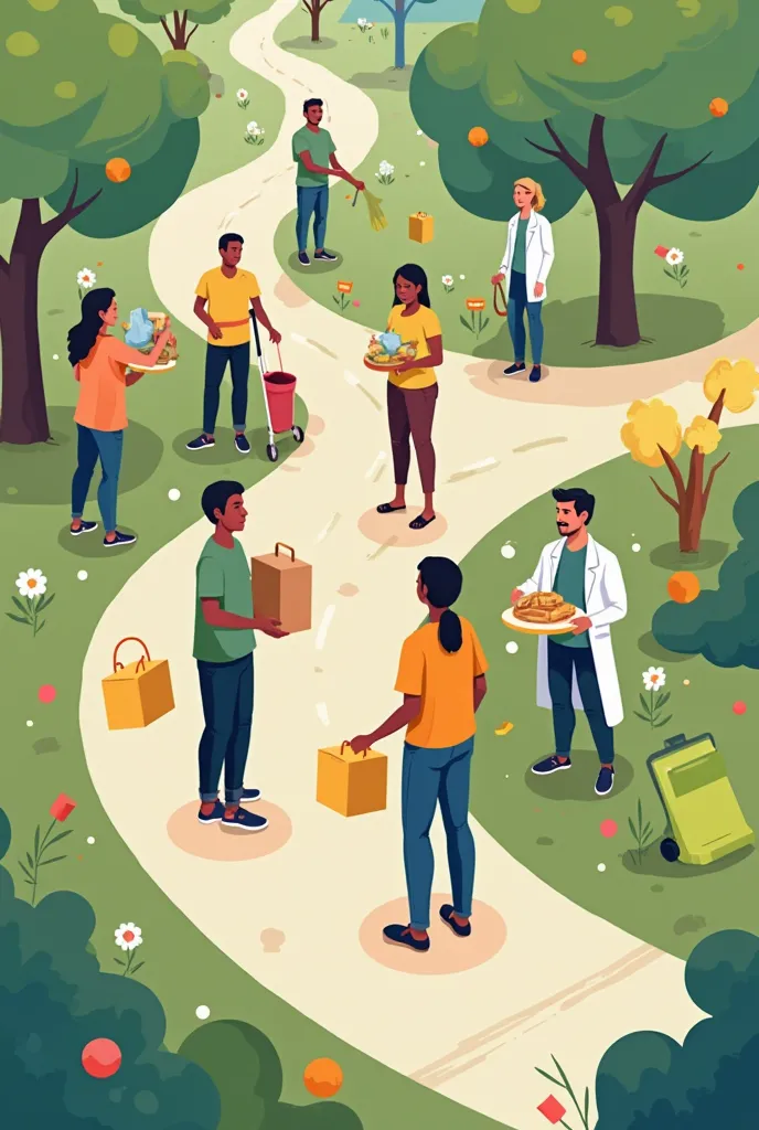 A vibrant, flat-style digital illustration of a community volunteering event in a park with lush greenery. Diverse volunteers are engaged in activities: doctors providing medical assistance, people cleaning roads and collecting trash, and volunteers distri...