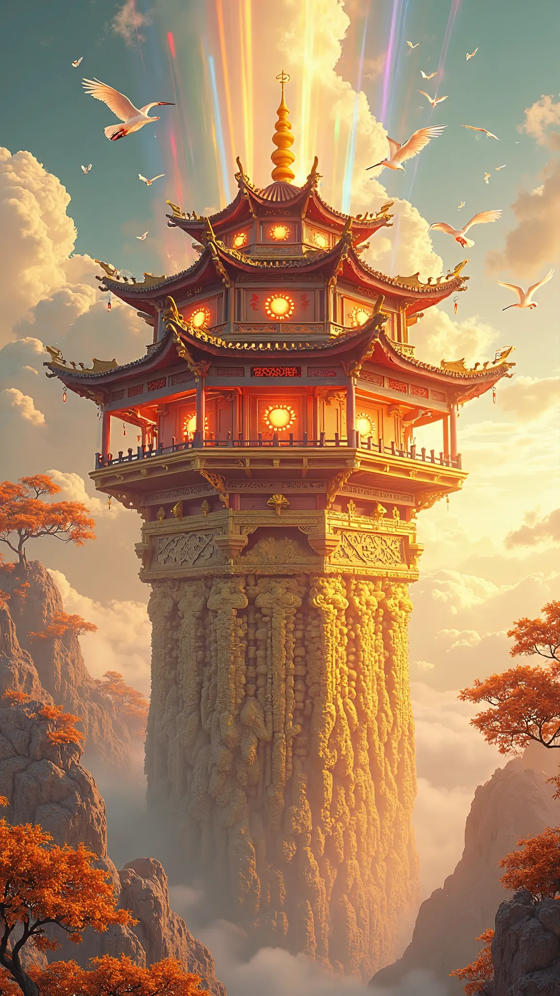 A Chinese fantasy fairy pavilion made of gold, featuring the architectural style of Huanghe Tower, with upturned eaves, carved beams, and painted pillars, suspended in the heavens. The base of the building is lifted by a golden mountain composed of countle...