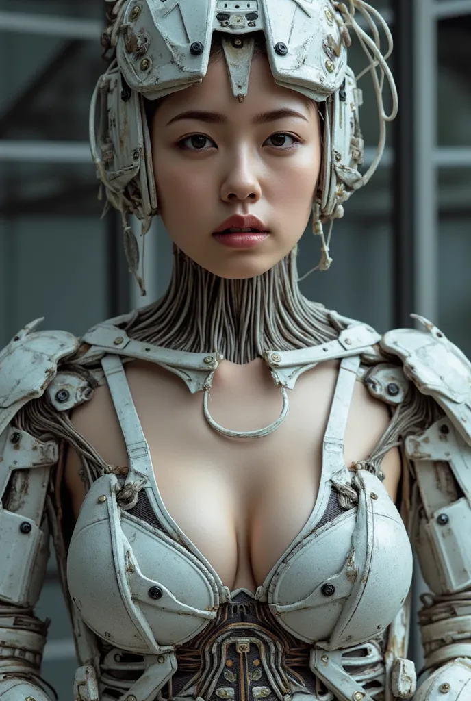 cyberpunk cyborg woman, electronic system on head humanoid, cyborg spider woman, with a visible detailed mechanical brain, with a visible detailed heart, muscles cable wires, biopunk, cybernetic, cyberpunk, huge marble-like Armard chest pads, cleavage, can...