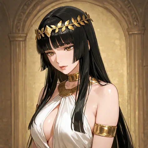 1 woman, long straight black hair with bangs ( hime cut ), Golden eyes, long white dress from ancient Greece, gold leaf tiara, gold bracelets, glossy lips, gold choker, adult woman, mature body and face