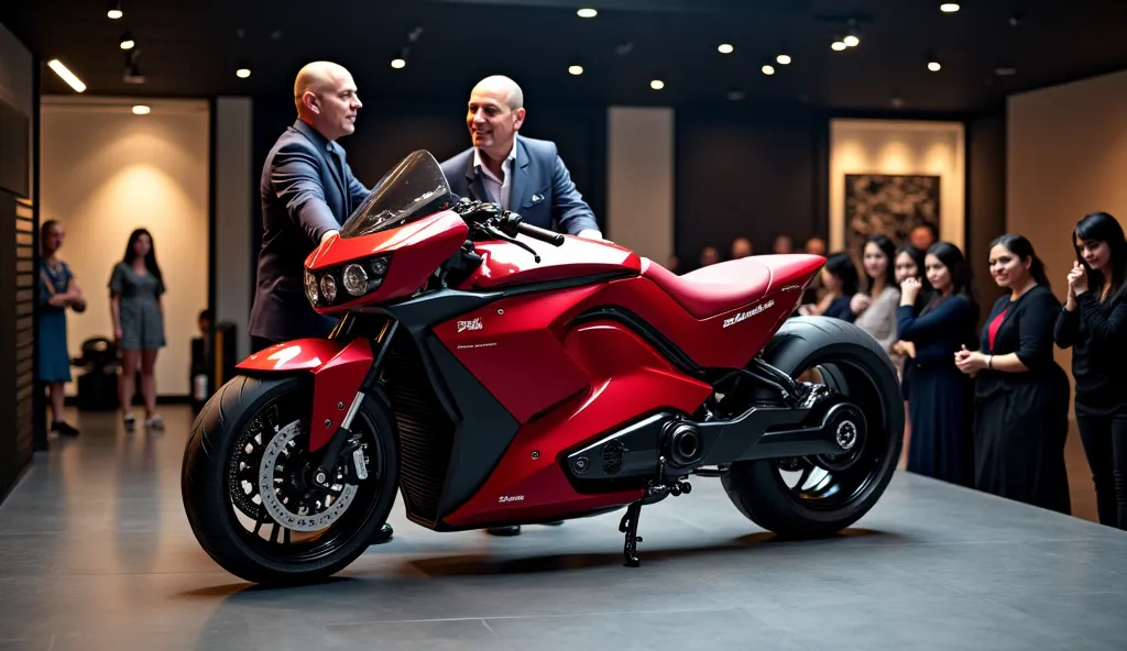 A captivating photo of the 2026 Bajaj chetak Electric Scootr Street Glide unveiling in a sleek, modern showroom. The motorcycle, painted in a striking Red, boasts a streamlined design, Two enthusiastic individuals work together to unveil the bike, their ex...