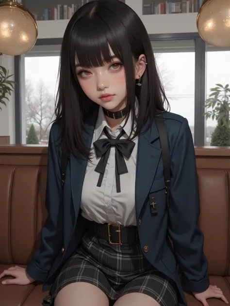  ( dark hair with short hair  :1.8),a smooth, dark image of a Japanese woman in a sneaky high school girl uniform,    Anime Girl, 現実の  Anime Girl, Bopp Illustration、
(At the cafe:1.5)、
(crumpled uniform:1.8),
Big Breasts、 thighs are thick、pointing her butt...