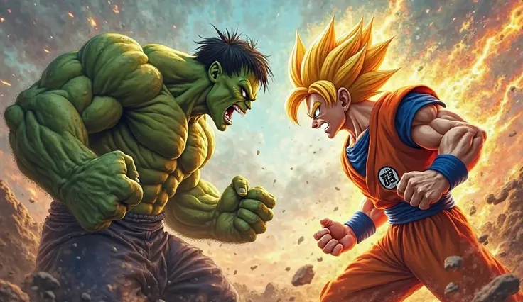 Create an intense face-off between Hulk and Goku, both in an enraged state, facing each other with clenched fists and battle-ready postures. Hulk's massive, green, muscular form is tensed with veins bulging, while Goku, in his most powerful Super Saiyan fo...