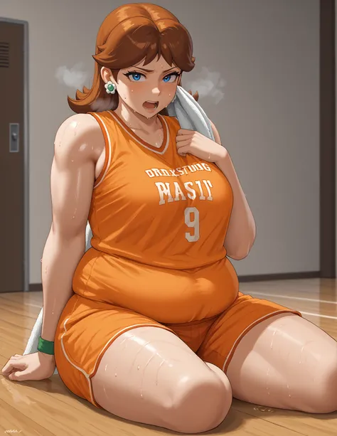 score_9, score_8_up, score_7_up, BREAK, 1girl, solo, princess daisy, 1girl, solo, , brown hair, necklengthhair, jewelry, bracelet, makeup, casual, cowboy shot, blue eyes, looking at the viewer, large breasts, hand on chest, orange tanktop, sweaty, orange s...