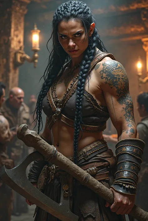 Orc barbarian woman with sharp teeth, long braided black hair, and great axe In a tavern 