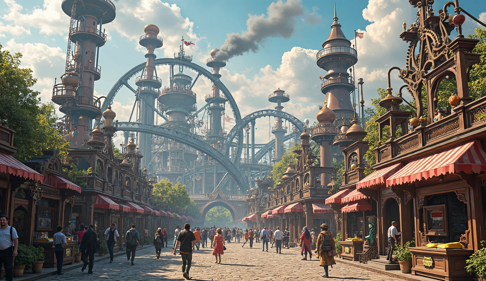 i can see a theme park with Steam-powered roller coasters with gears and pipes, Mechanical marvels like the first cars and flying machines 