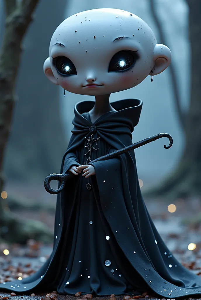 "A mysterious and elegant Shadow Milk Cookie character, inspired by a dark yet enchanting aesthetic. The character has a sleek, shadowy appearance with a smooth, milky texture, blending soft whites and deep blacks. They wear a flowing, gothic-style cloak w...