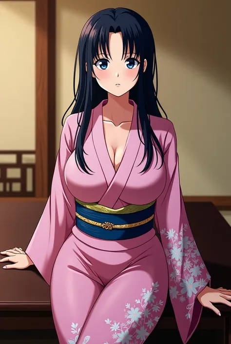 Adult woman has long black hair, blue eyes and big breasts. She wears a pink kimono with a blue and gold obi. The background shows a wooden interior environment,  with warm lighting .(hentai anime version ).