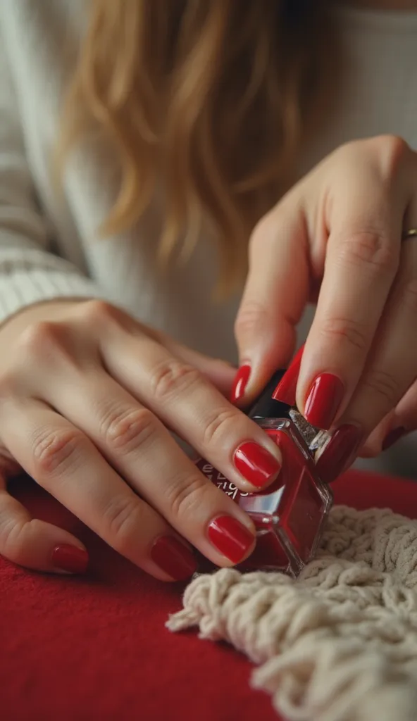 close-up polish of a well-groomed female nail on one hand , polish near which petite girls from the 1970s work, one rubs her nail with a rag , the second of them is on the stairs and applies varnish,  high definition,Excellent detail,professional photograp...