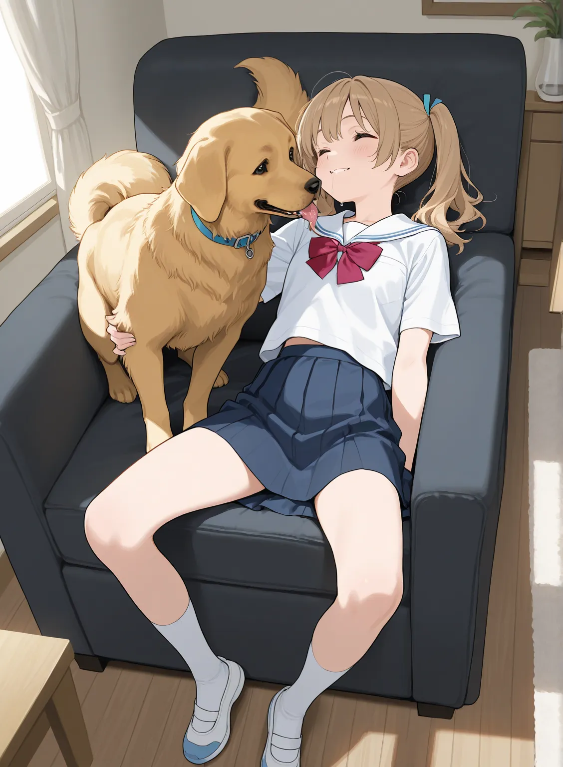 (masterpiece), best quality, high resolution, 1female, young female, school uniform, twin tails, in a living room, 1golden retriever, full body, saliva, felame hugging dog