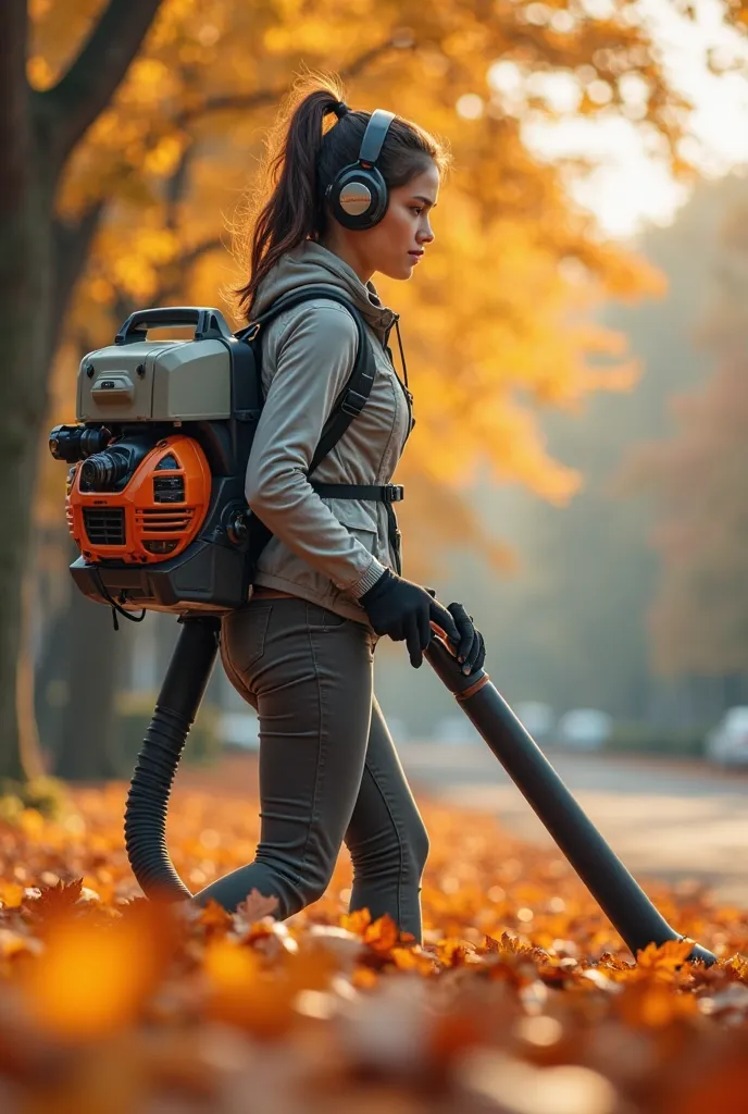 Draw me a woman who wears headphones and follows the air blower on her back cleaning the leaves

