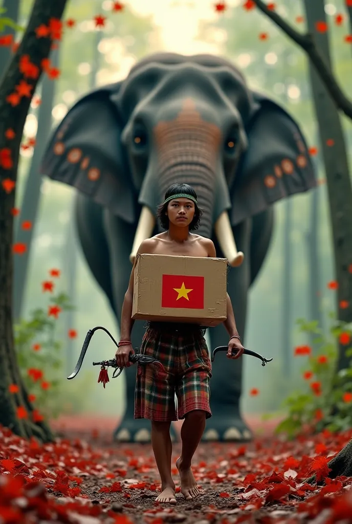 A Vietnamese Highland Aboriginal in ethnic minority attire, barefoot, holding a homemade bow, by the chest of a prisoner and with buffalo horns, wearing a cardboard box printed with the Vietnamese flag. He is walking confidently in the forest, behind which...