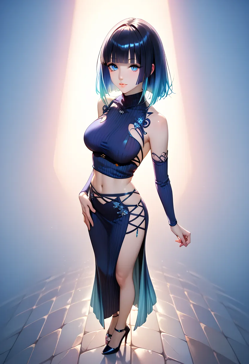 hand on own ass,((pastel blue black, hair, gradient hair ), best quality 、 Masterpiece、( professional lighting )、 surreal、(high heels suitable for a 25 year old woman) ,(Nipples:0.65), Charming、 slender supermodel 、 one adult female , (full body, (Head-to-...